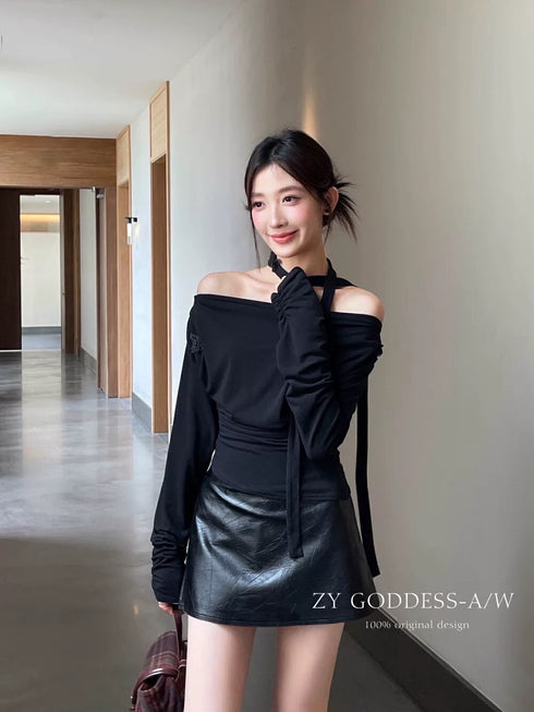Women Stylish Long Sleeves Cowl Neck off-Shoulder Tops